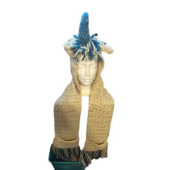 Unicorn Hooded Scarf with Pockets Cream Teal Knitted - Picture 1 of 6